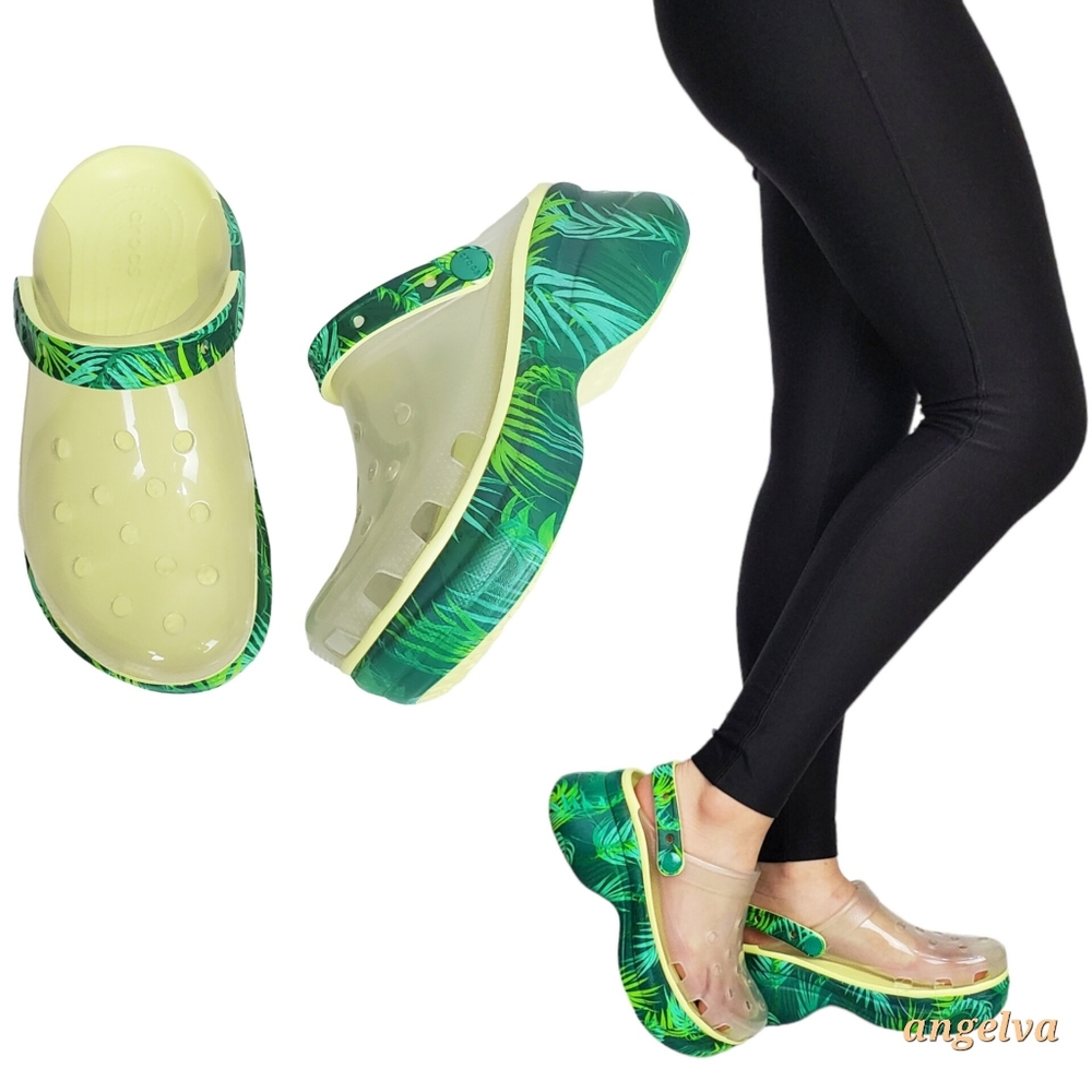NWT Crocs classic bae platform translucent tropical leaf clogs kelly green multi
